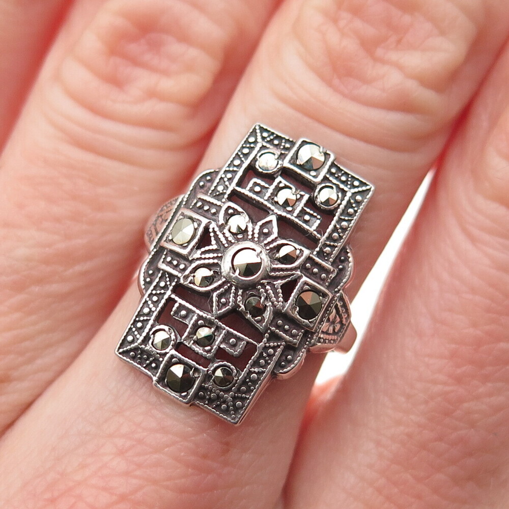 UNCAS Sterling Silver Antique Art Deco Real Marcasite Oxidized Ring Size 5.25